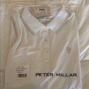 Peter Millar White Polo with Beige Trim and Embroidered Logo sleeveless polo